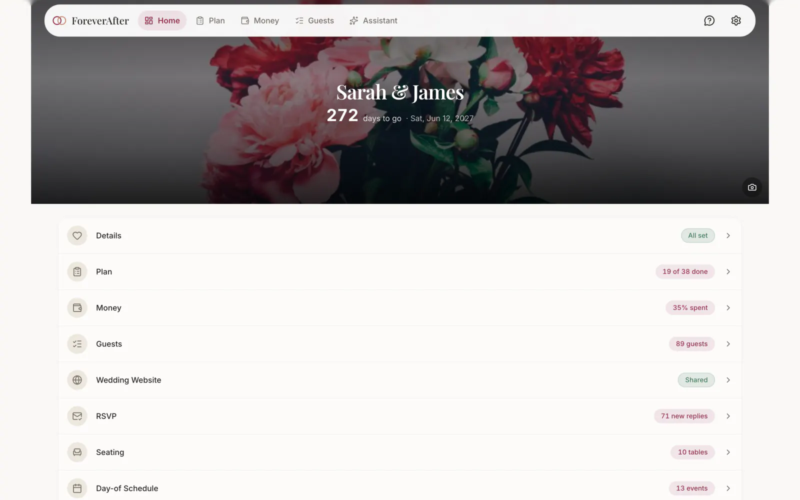 The ForeverAfter dashboard, showing the countdown, the plan, the budget and RSVP replies.